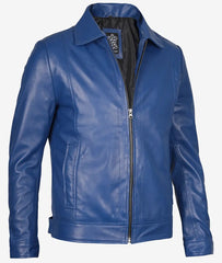 Mens Shirt Collar Blue Leather Jacket