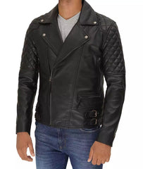 Asymmetrical Mens Black Quilted Leather Motorcycle Jacket