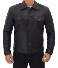 Mens Four Pockets Black Leather Trucker Jacket