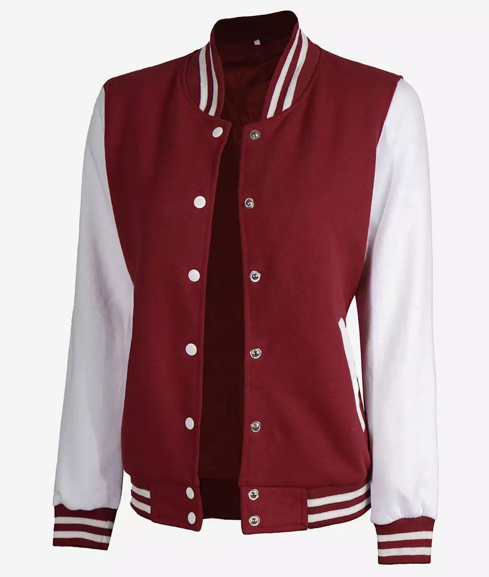 Womens Maroon Varsity Jacket with White Sleeves - Baseball Bomber Jacket (Few Left)