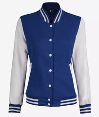 Women's White and Royal Blue Baseball Style Varsity Jacket