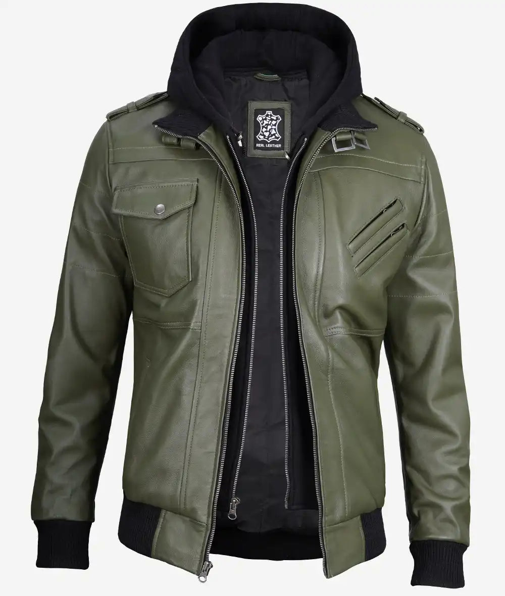 Men's Military Green Bomber Leather Jacket With Hood