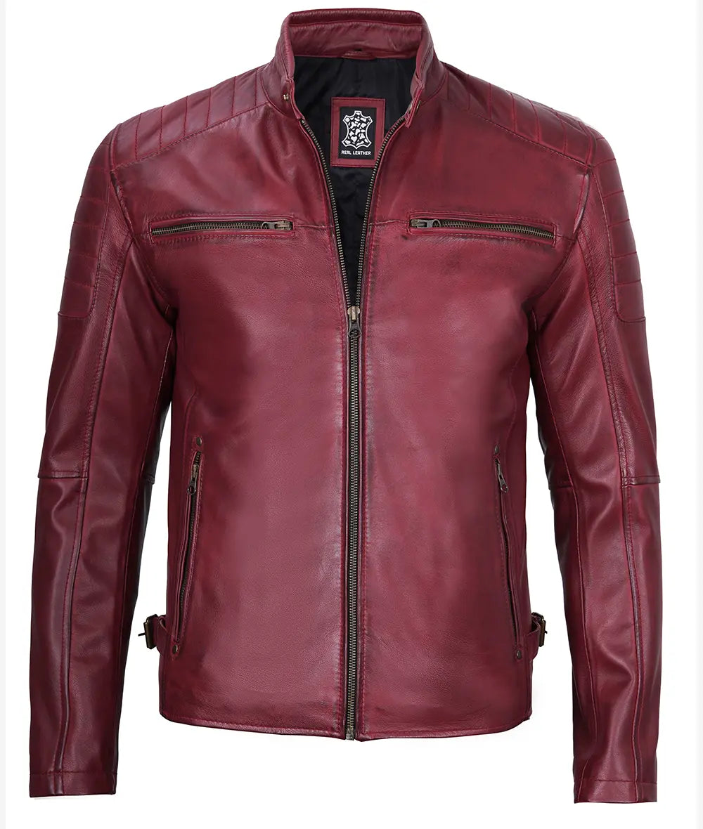 Men's Maroon Waxed Cafe Racer Leather Jacket