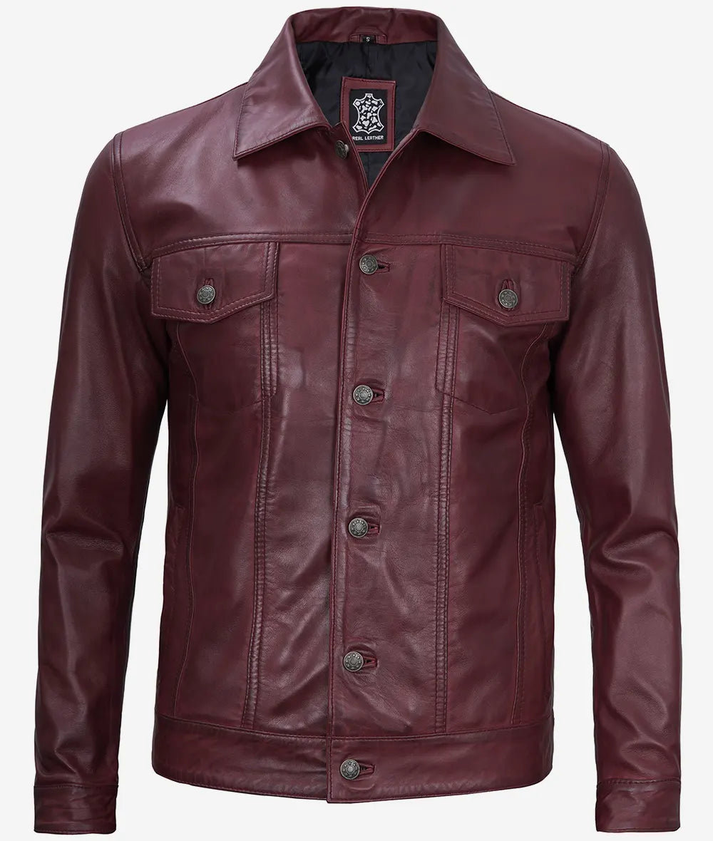 Fernando Men's Lambskin Leather Maroon Trucker Jacket