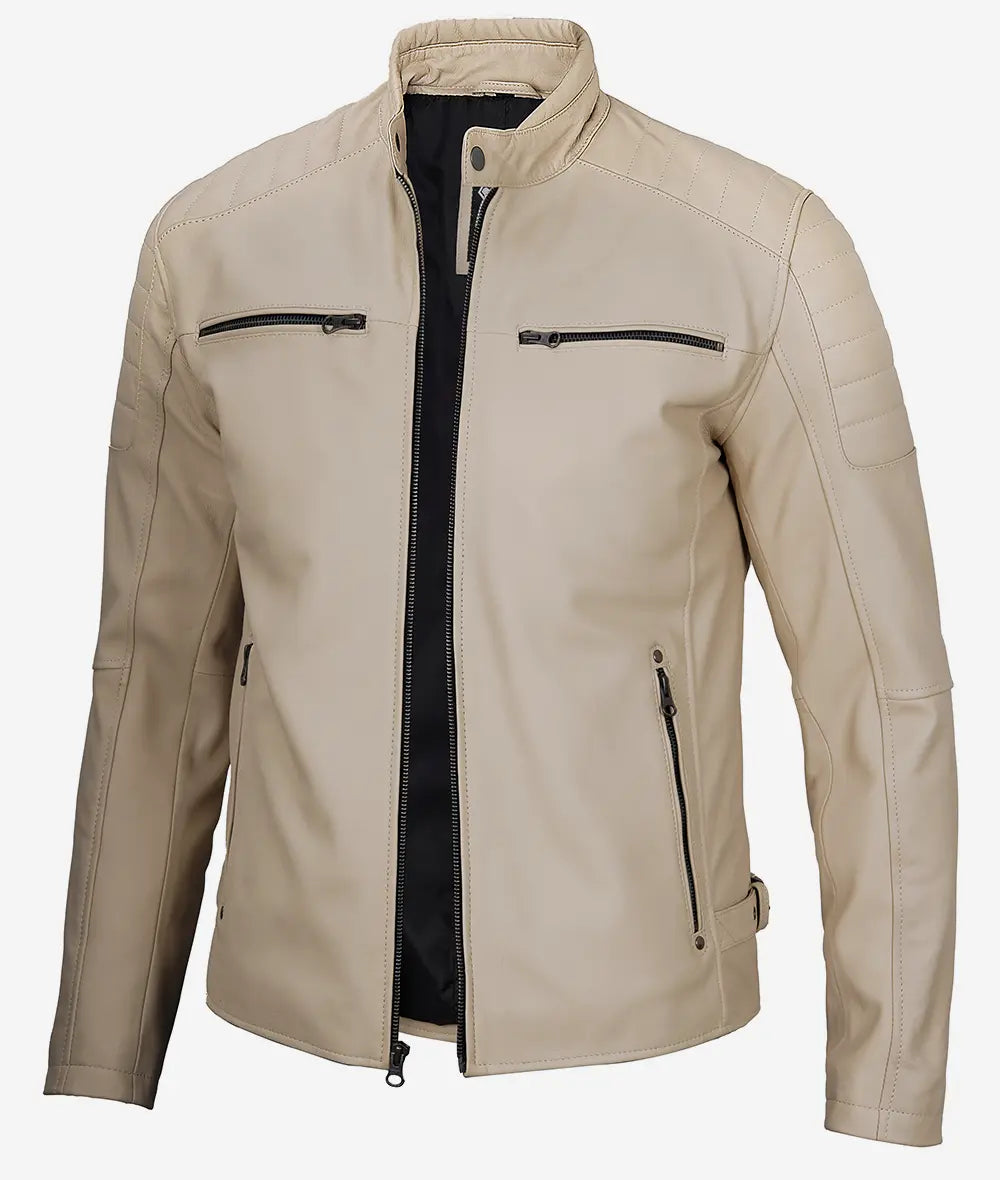 Men's Real Lambskin Leather Beige Cafe Racer Jacket