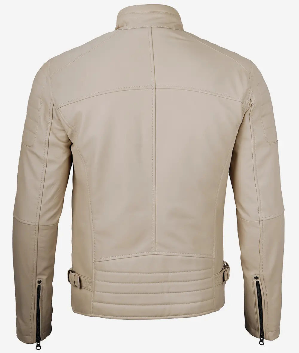 Men's Real Lambskin Leather Beige Cafe Racer Jacket