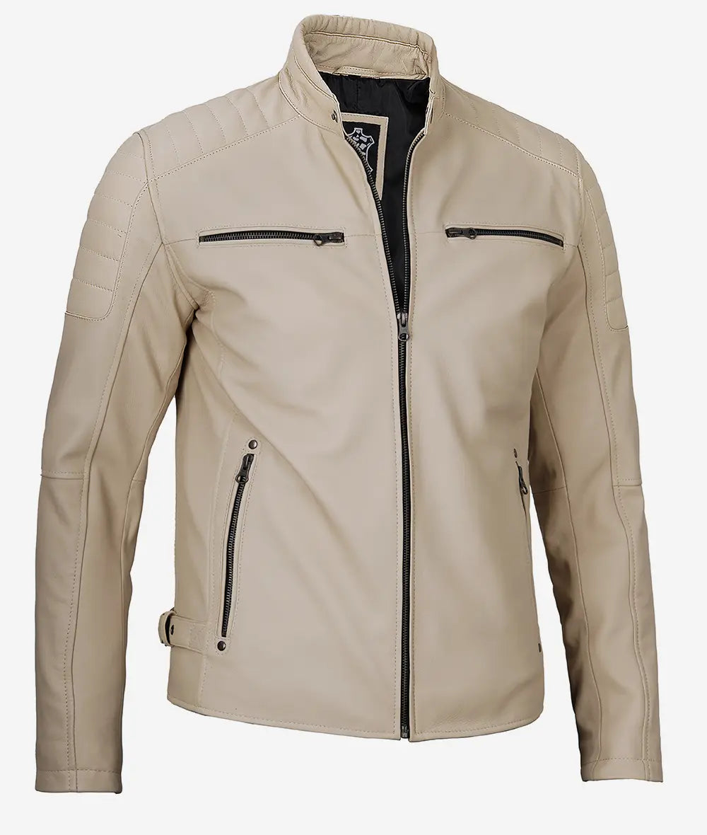 Men's Real Lambskin Leather Beige Cafe Racer Jacket