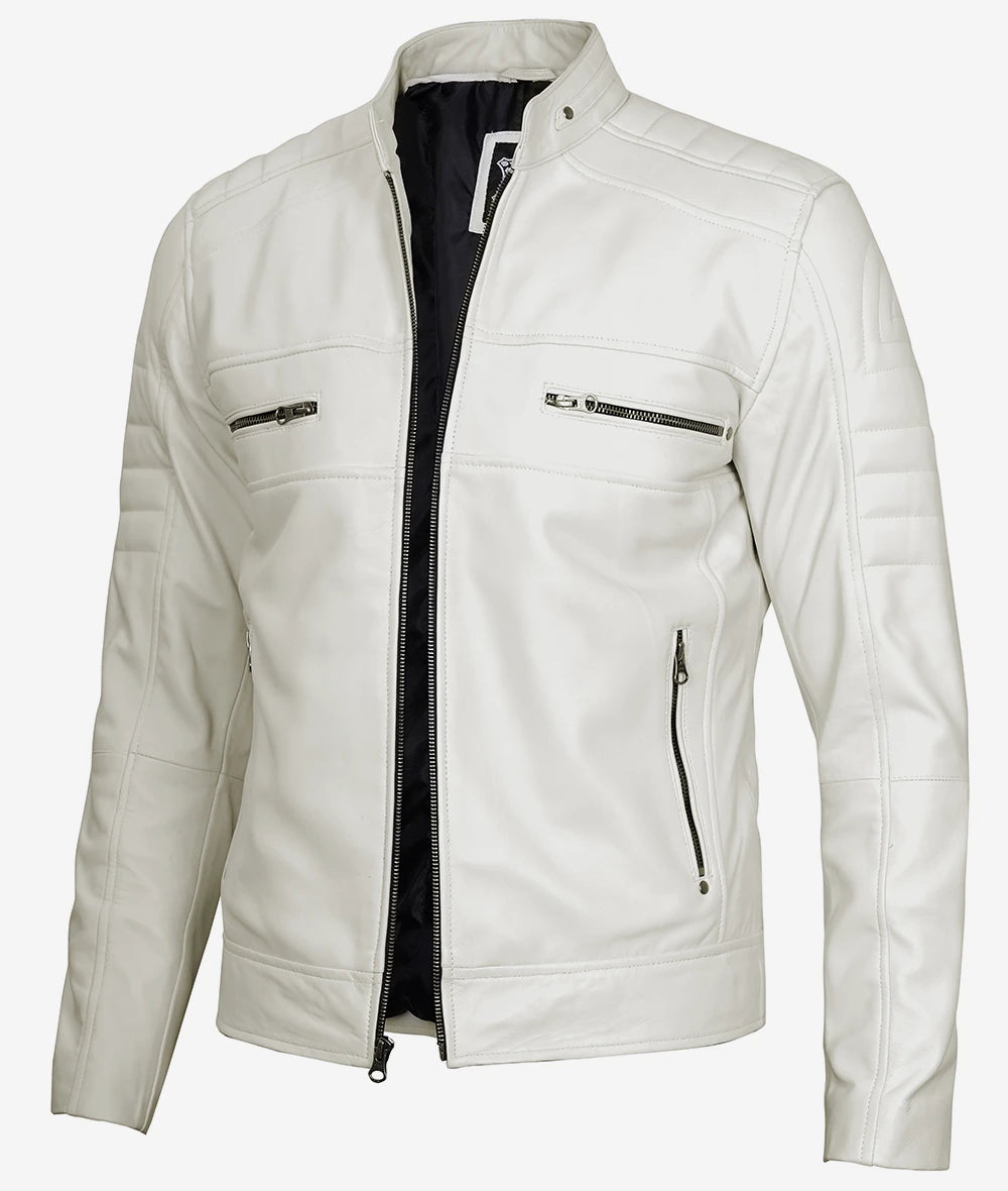 Mens Off White Cafe Racer Leather Jacket