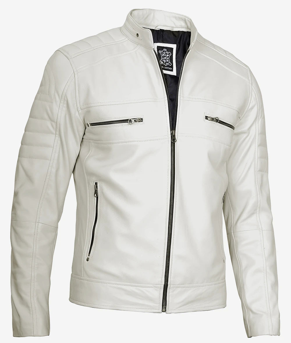 Mens Off White Cafe Racer Leather Jacket