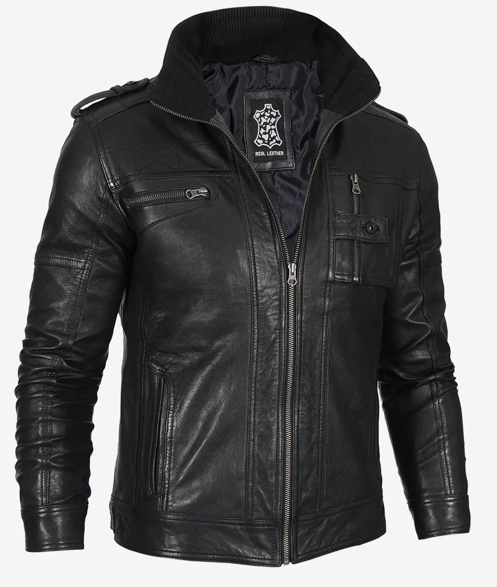 Men's Biker Style Black Leather Jacket