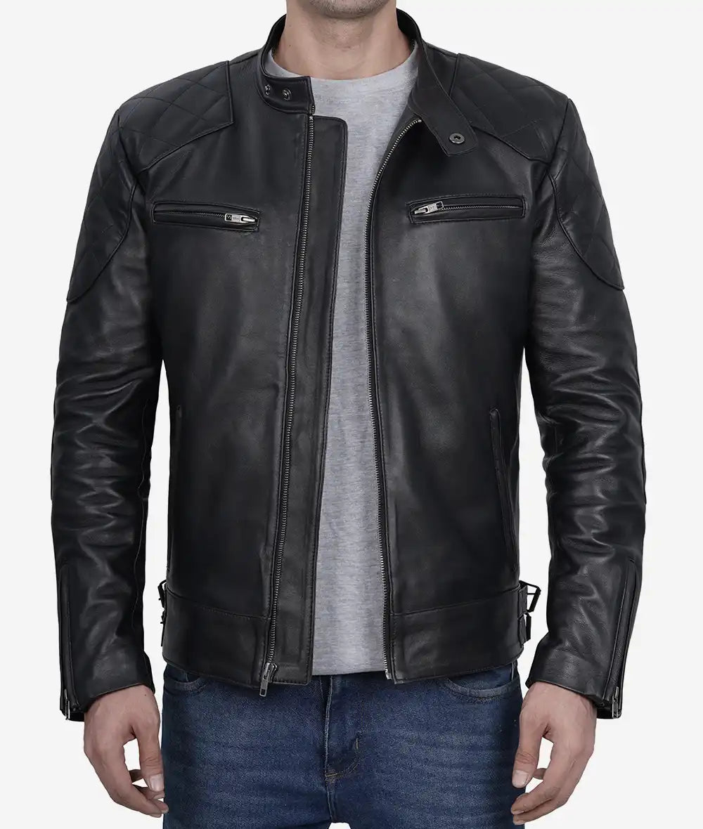 Black Leather Cafe Racer Jacket for Men