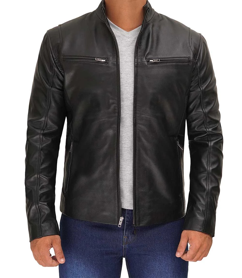 Men's Slim Fit Black Cafe Racer Leather Jacket