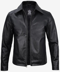 Mens Black Shirt Collar Cowhide Leather Jacket