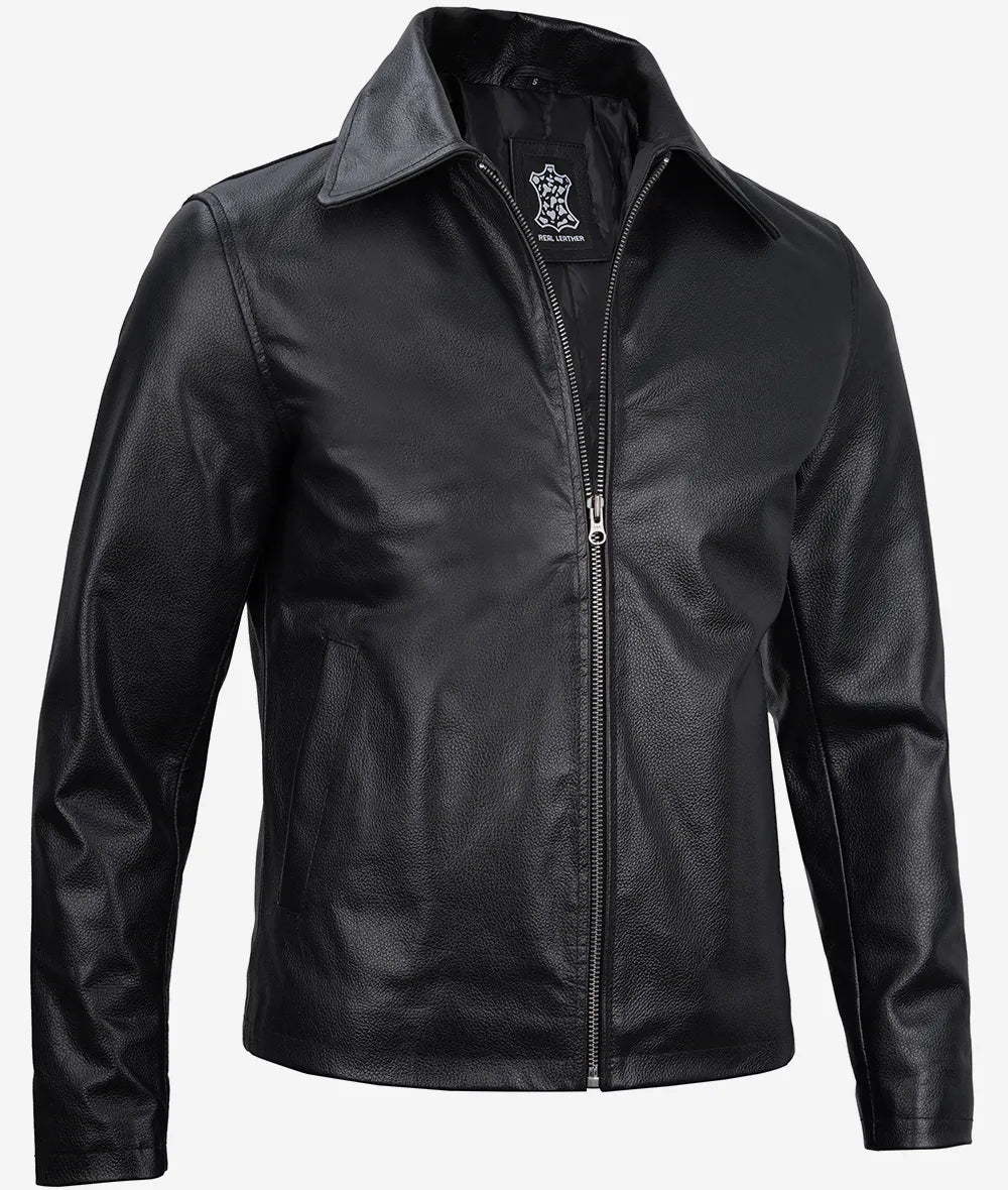 Mens Black Shirt Collar Cowhide Leather Jacket