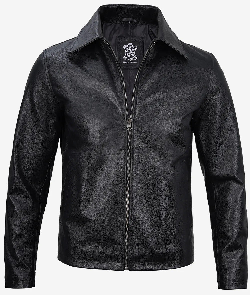 Mens Black Shirt Collar Cowhide Leather Jacket