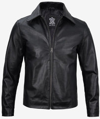 Mens Black Shirt Collar Cowhide Leather Jacket