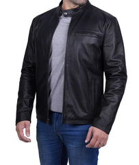 Mens Black Cafe Racer Cowhide Leather Jacket