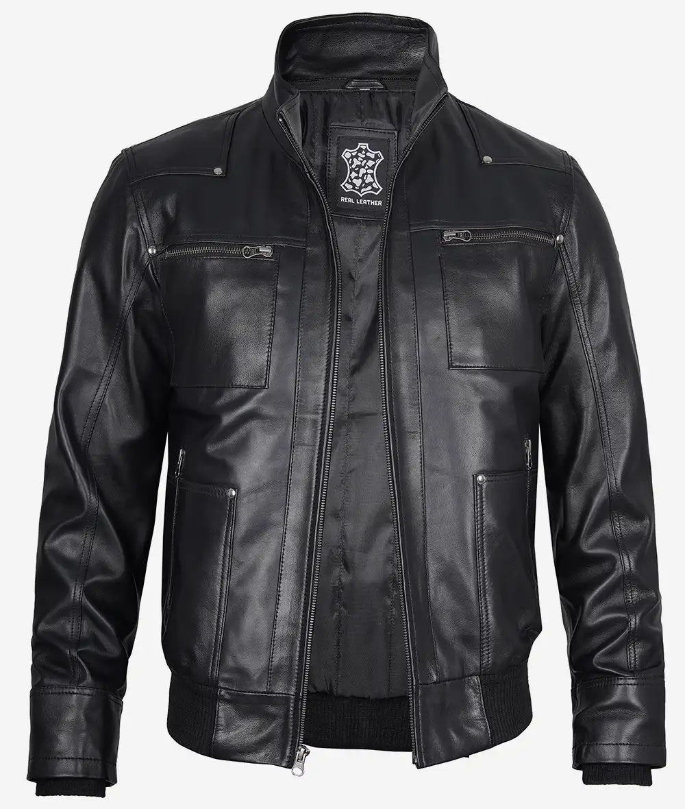 Men's Black Leather Bomber Jacket with Removable Hood