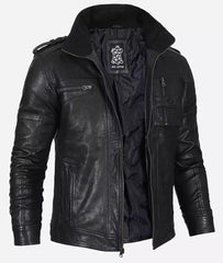 Men's Black Washed Leather Biker Jacket