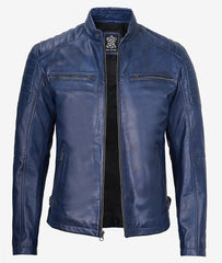 Mens Blue Waxed Cafe Racer Leather Jacket