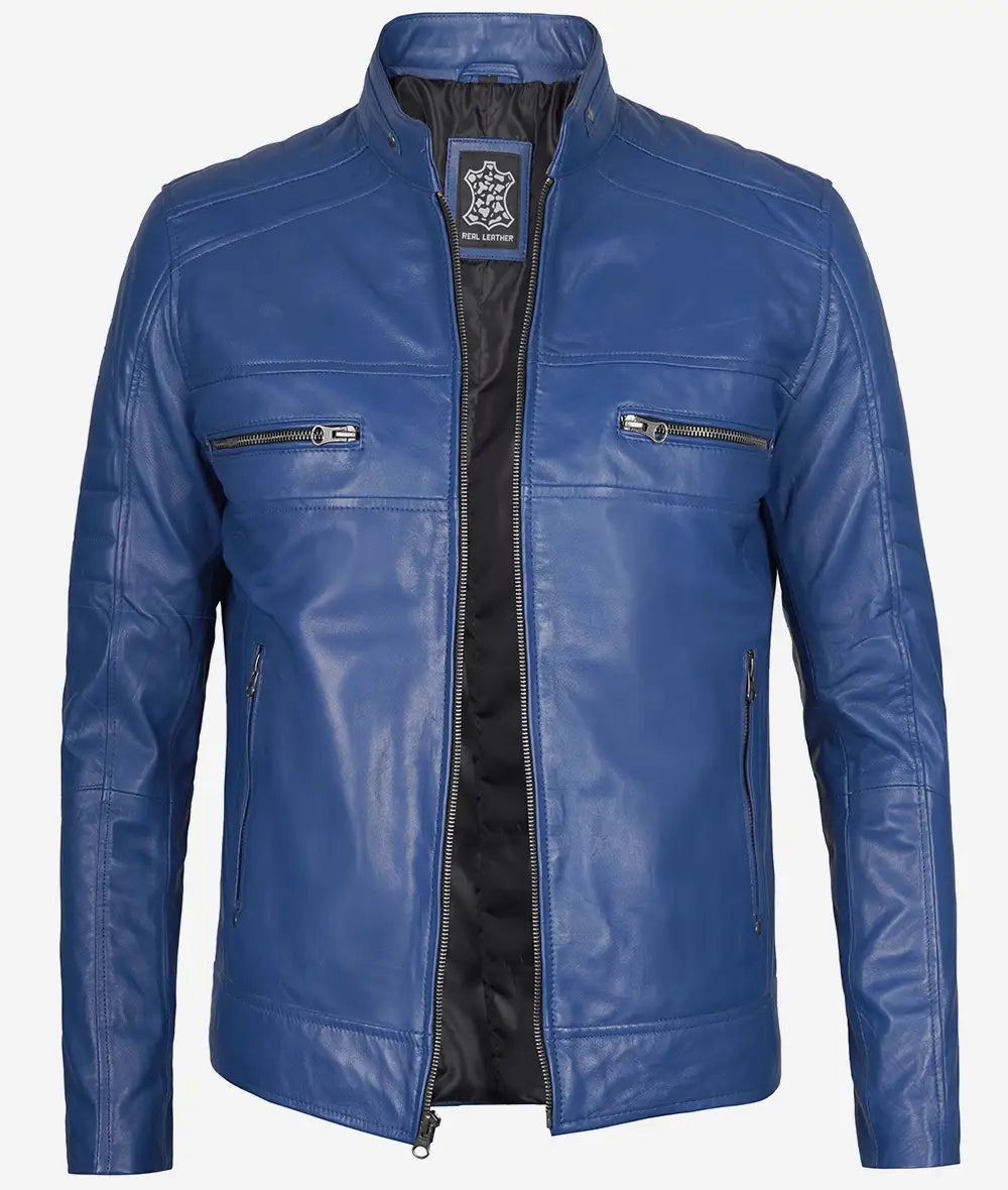 Men's Slim Fit Blue Cafe Racer Leather Jacket