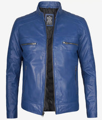 Men's Slim Fit Blue Cafe Racer Leather Jacket