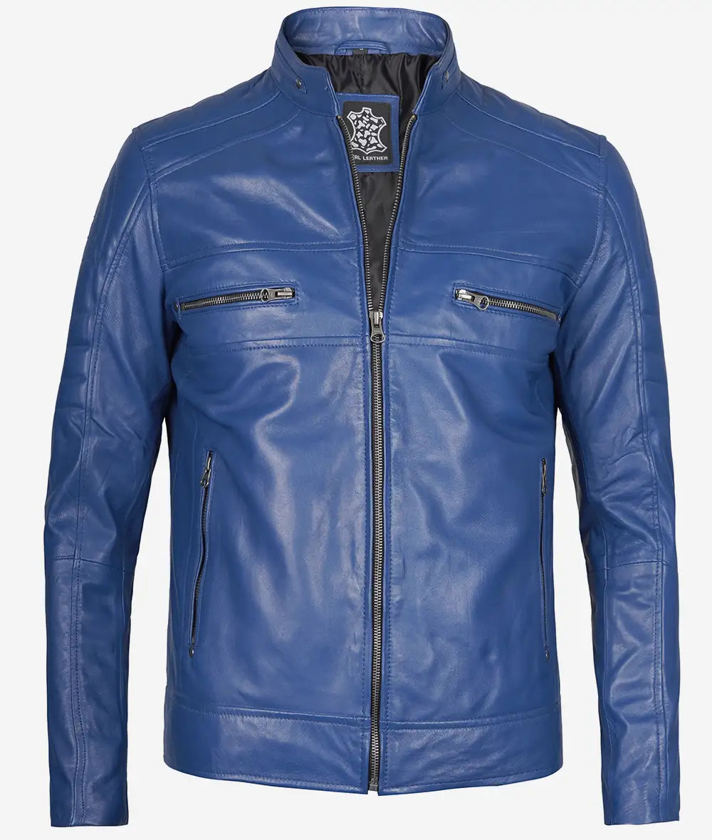 Men's Slim Fit Blue Cafe Racer Leather Jacket