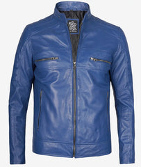 Men's Slim Fit Blue Cafe Racer Leather Jacket