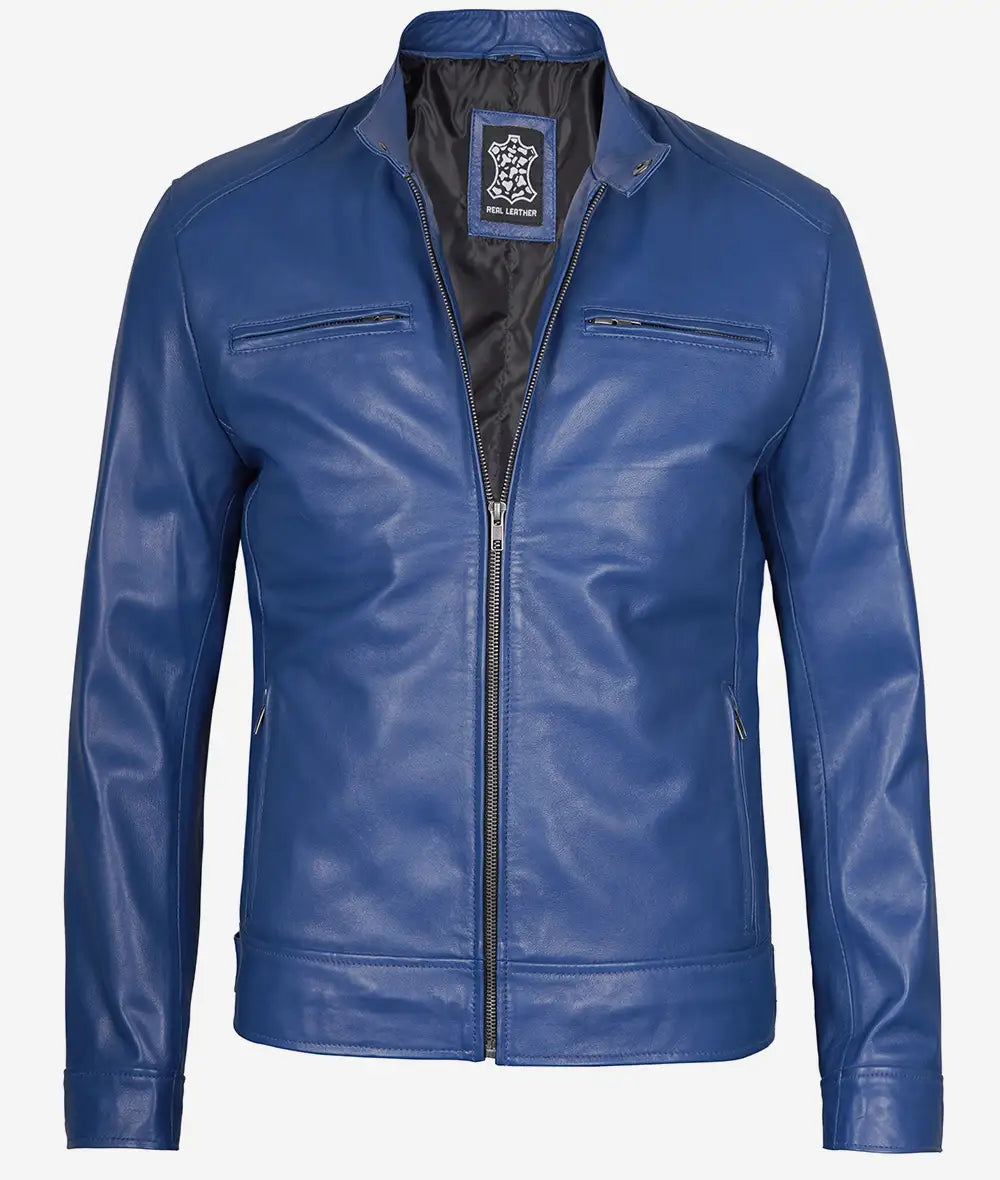 Mens Classic Blue Cafe Racer Leather Jacket