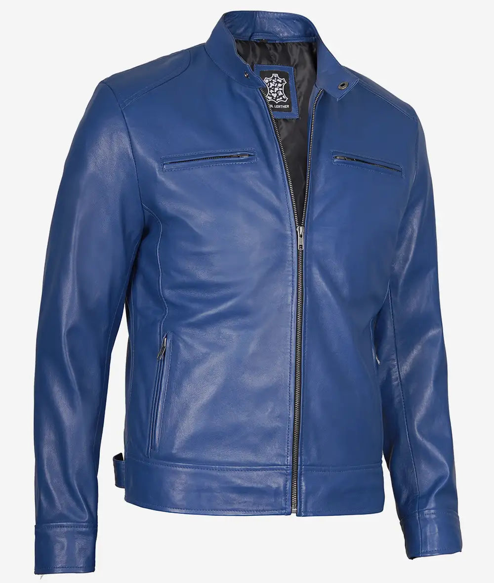 Mens Classic Blue Cafe Racer Leather Jacket