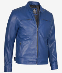 Mens Classic Blue Cafe Racer Leather Jacket