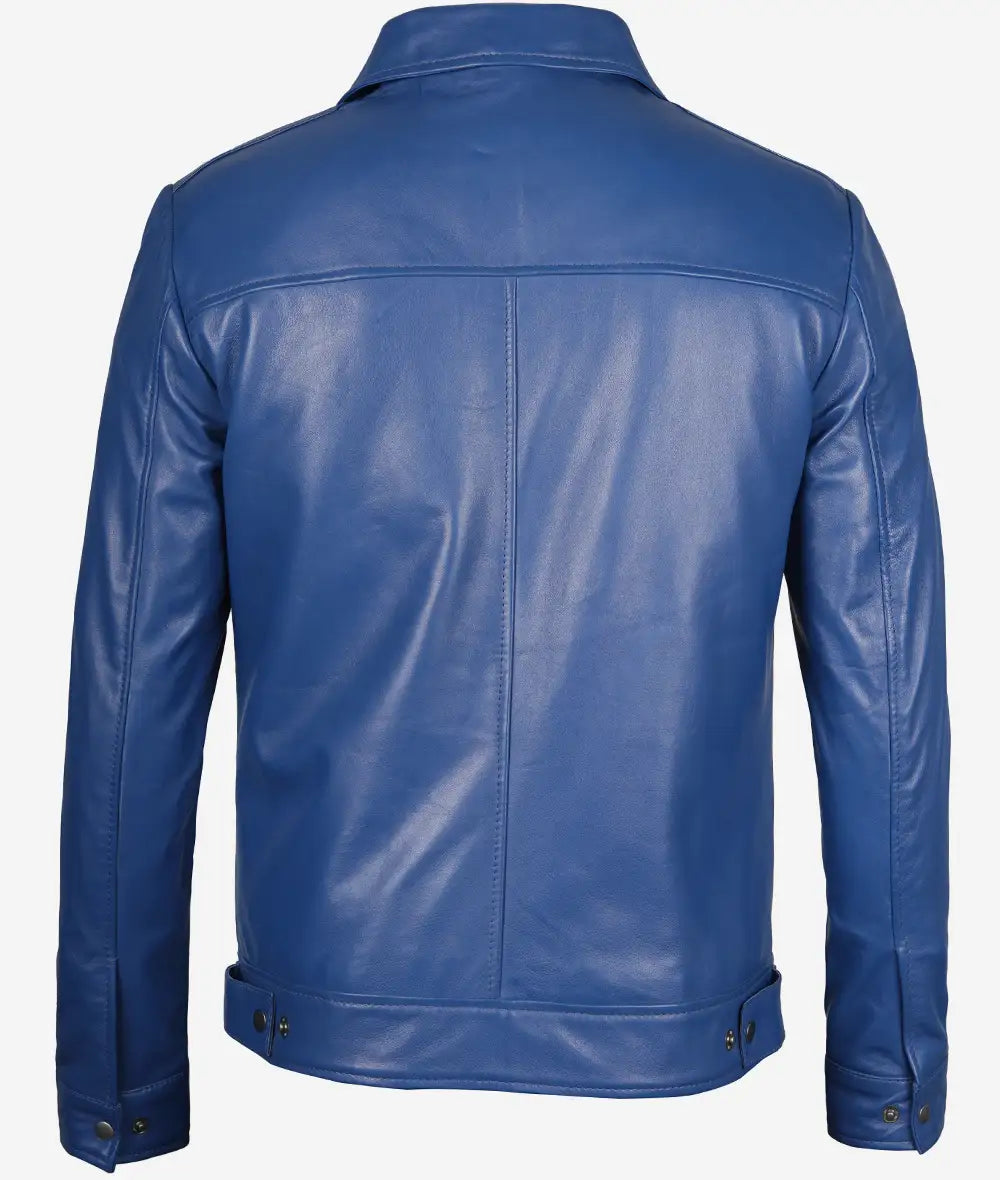 Mens Shirt Collar Blue Leather Jacket