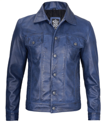 Mens Real Lambskin Leather Blue Trucker Jacket