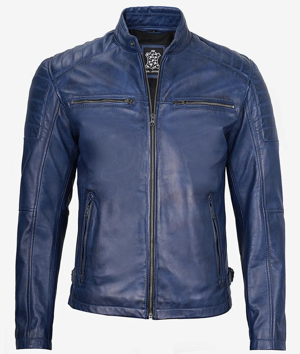 Mens Blue Waxed Cafe Racer Leather Jacket