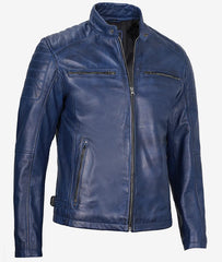 Mens Blue Waxed Cafe Racer Leather Jacket