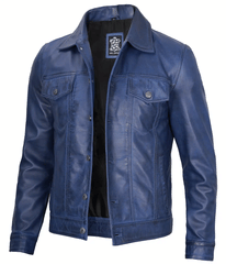 Mens Real Lambskin Leather Blue Trucker Jacket