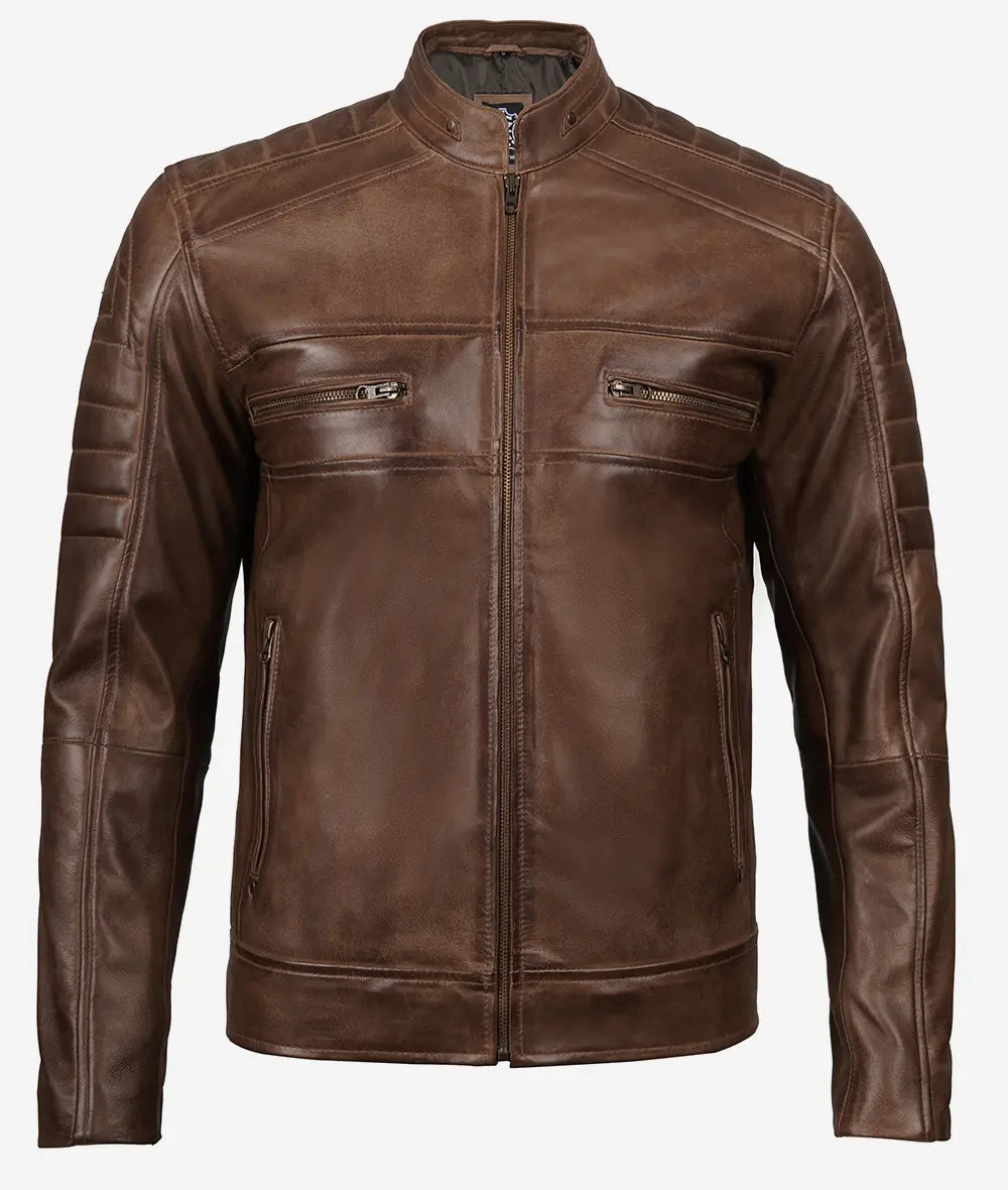 Mens Coffee Brown Leather Biker Jacket