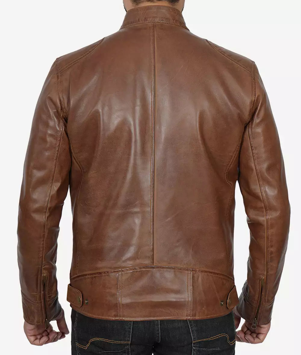 Dodge Men's Waxed Chocolate Brown Cafe Racer Motorcycle Leather Jacket