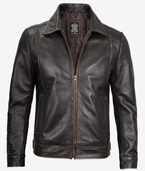 Reeves Mens Shirt Collar Dark Brown Leather Jacket