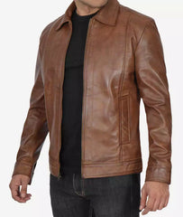 Reeves Mens Shirt Collar Chocolate Brown Leather Jacket