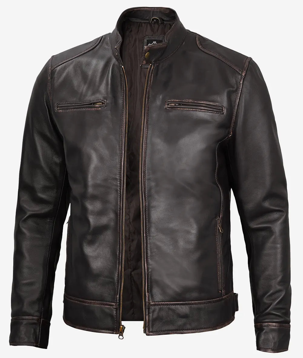 Men's Real Leather Vintage Brown Cafe Racer Jacket