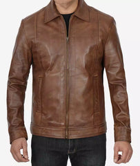 Reeves Mens Shirt Collar Chocolate Brown Leather Jacket