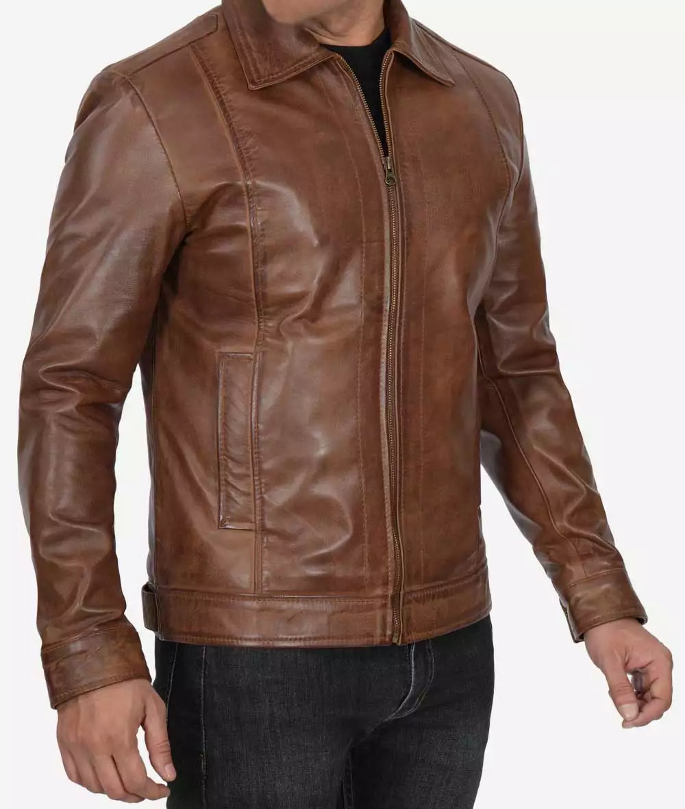 Reeves Mens Shirt Collar Chocolate Brown Leather Jacket