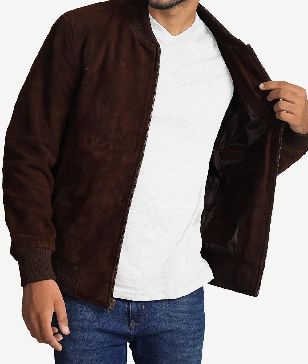 Men's Dark Brown Suede Bomber Jacket