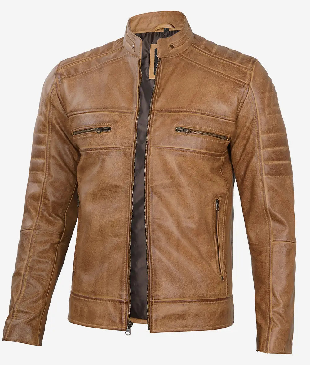 Men's Cafe Racer Camel Brown Leather Jacket