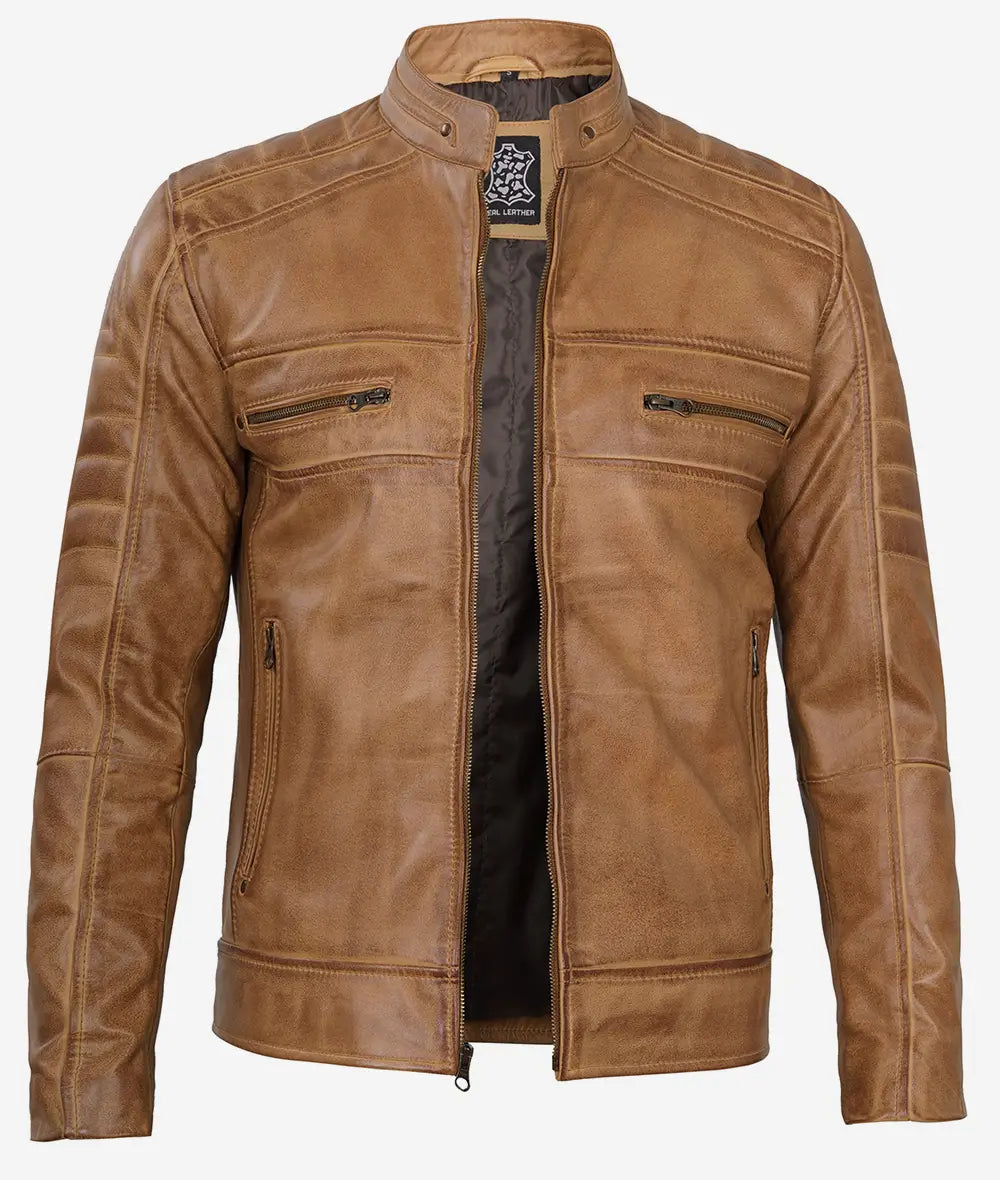 Men's Cafe Racer Camel Brown Leather Jacket