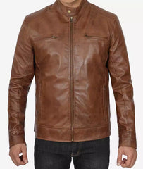 Dodge Men's Waxed Chocolate Brown Cafe Racer Motorcycle Leather Jacket