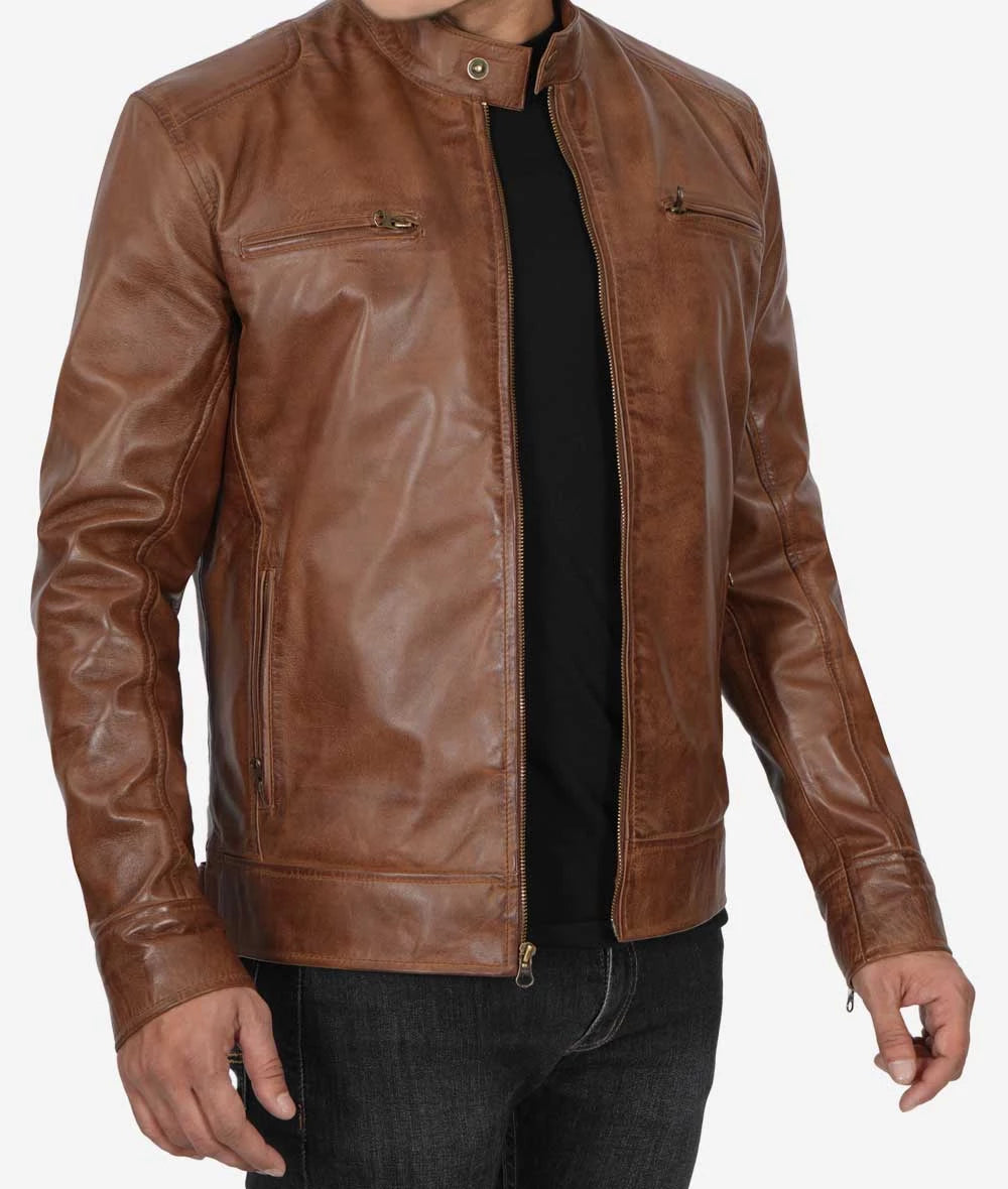 Dodge Men's Waxed Chocolate Brown Cafe Racer Motorcycle Leather Jacket