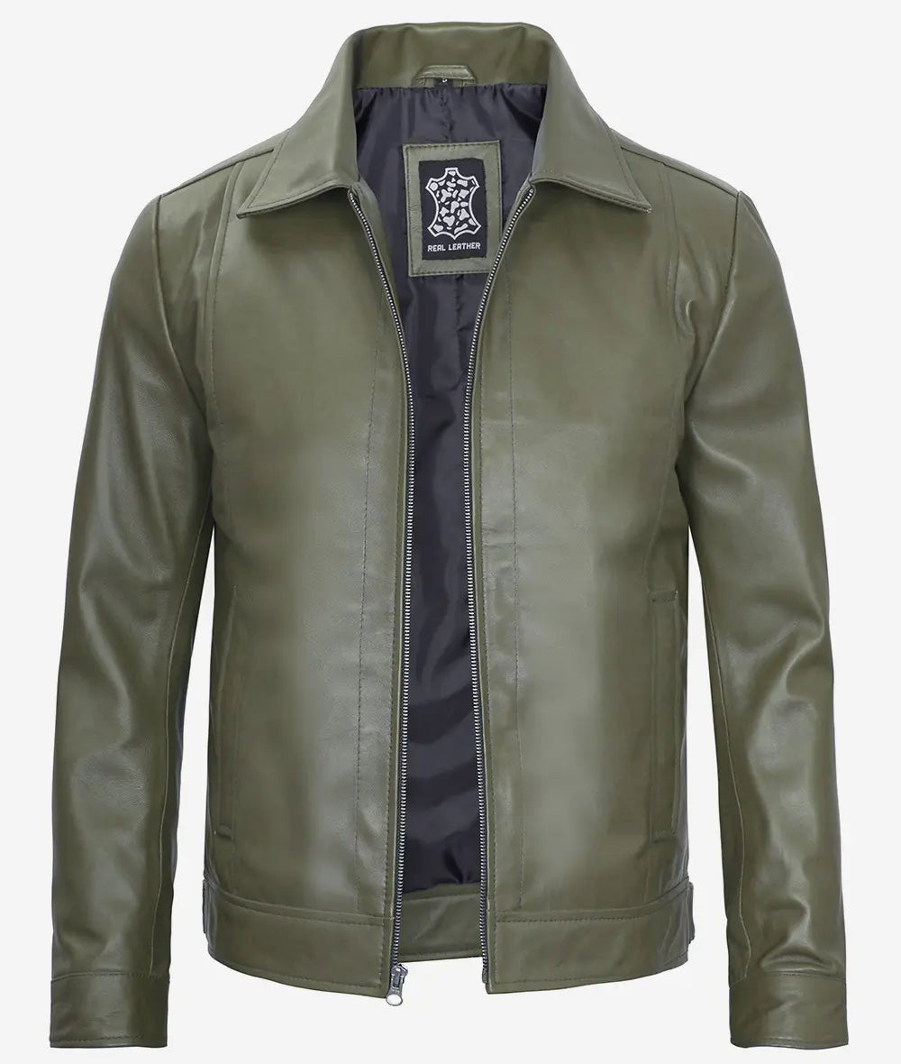 Mens Classic Shirt Collar Military Green Leather Jacket