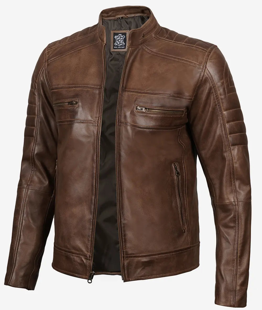 Mens Coffee Brown Leather Biker Jacket